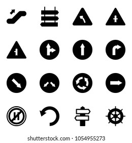 Solid vector icon set - escalator up vector, sign post, turn left road, intersection, only forward right, detour, circle, no parking even, undo, signpost, hand wheel