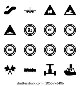 Solid vector icon set - escalator up vector, plane, tractor way road sign, steep roadside, artificial unevenness, limited height, speed limit 60, 70, 80, 90, 120, 130, flags cross, cabrio, gyroscope