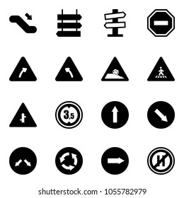 Solid vector icon set - escalator down vector, sign post, road signpost, no way, turn right, left, steep roadside, pedestrian, intersection, limited height, only forward, detour, circle