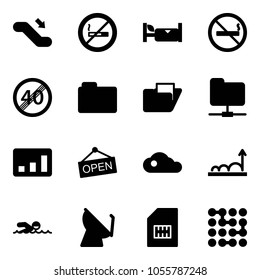 Solid vector icon set - escalator down vector, no smoking sign, hotel, end speed limit road, folder, network, statistics, open, cloud, growth, swimming, satellite antenna, sim, circuit