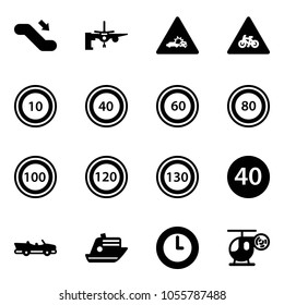 Solid vector icon set - escalator down vector, boarding passengers, car crash road sign, for moto, speed limit 10, 40, 60, 80, 100, 120, 130, minimal, cabrio, cruiser, clock, helicopter toy