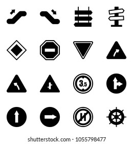 Solid vector icon set - escalator up vector, down, sign post, road signpost, main, no way, giving, turn right, left, intersection, limited height, only forward, parking even, hand wheel