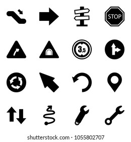 Solid vector icon set - escalator down vector, right arrow, road signpost sign, stop, turn, tunnel, limited height, only forward, circle, cursor, undo, map pin, up arrows, trip, wrench