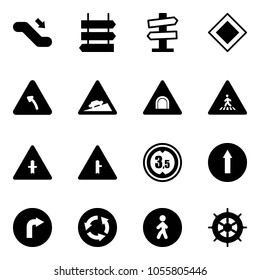 Solid vector icon set - escalator down vector, sign post, road signpost, main, turn left, climb, tunnel, pedestrian, intersection, limited height, only forward, right, circle, way, hand wheel