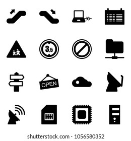 Solid vector icon set - escalator up vector, down, notebook connect, schedule, children road sign, limited height, no parking, network folder, signpost, open, cloud, satellite antenna, sim, cpu