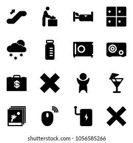 Solid vector icon set - escalator up vector, baby room, hotel, baggage, snowfall, vial, safe, money case, delete cross, success, drink, photo, mouse wireless, power bank