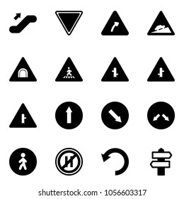 Solid vector icon set - escalator up vector, giving way road sign, turn right, climb, tunnel, pedestrian, intersection, only forward, detour, no parking even, undo, signpost