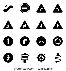Solid vector icon set - escalator up vector, no way road sign, turn right, left, pedestrian, abrupt, intersection, only forward, detour, circle, signpost, hand wheel, trip