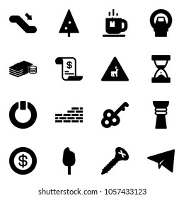 Solid vector icon set - escalator down vector, christmas tree, tea, mri, cash, account history, wild animals road sign, sand clock, standby, brick wall, key, award, dollar, ice cream, screw