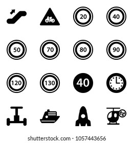 Solid vector icon set - escalator up vector, road for moto sign, speed limit 20, 40, 50, 70, 80, 90, 120, 130, minimal, time, gyroscope, cruiser, rocket, helicopter toy