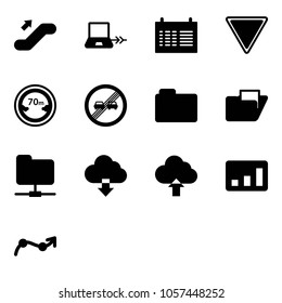 Solid vector icon set - escalator up vector, notebook connect, schedule, giving way road sign, limited distance, end overtake limit, folder, network, download cloud, upload, statistics