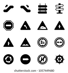 Solid vector icon set - escalator up vector, down, sign post, road signpost, no way, turn left, climb, intersection, rough, limited height, overtake, circle, only right, parking even, hand wheel