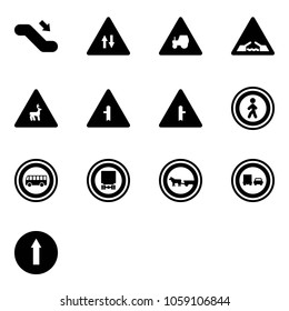 Solid vector icon set - escalator down vector, oncoming traffic road sign, tractor way, drawbridge, wild animals, intersection, no pedestrian, bus, dangerous cargo, cart horse, truck overtake