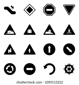 Solid vector icon set - escalator down vector, main road sign, no way, giving, climb, tunnel, steep roadside, pedestrian, abrupt turn right, intersection, only forward, detour, circle, undo