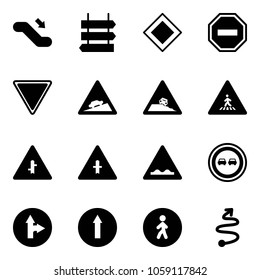 Solid vector icon set - escalator down vector, sign post, main road, no way, giving, climb, steep roadside, pedestrian, intersection, rough, overtake, only forward right, trip