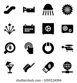 Solid vector icon set - escalator up vector, hotel, shower, firework, schedule, safe, money search, hand cursor, standby, helicopter, drink, suitcase, usb wi fi, globe