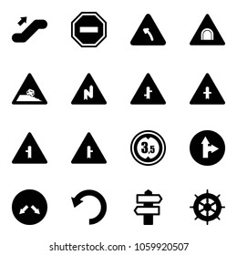 Solid vector icon set - escalator up vector, no way road sign, turn left, tunnel, steep roadside, abrupt right, intersection, limited height, only forward, detour, undo, signpost, hand wheel