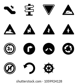 Solid vector icon set - escalator down vector, road signpost sign, giving way, climb, steep roadside, abrupt turn right, intersection, limited height, only, detour, circle, no parking even, undo