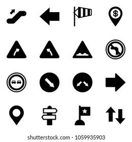 Solid vector icon set - escalator up vector, left arrow, side wind, dollar pin, turn right road sign, rough, no, overtake, detour, map, signpost, flag, down arrows