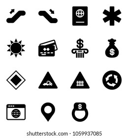 Solid vector icon set - escalator up vector, down, passport, ambulance star, sun, credit card, bank, money bag, main road sign, car crash, railway intersection, circle, browser globe, map pin