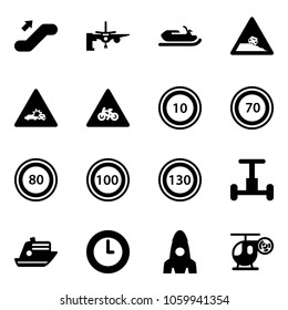 Solid vector icon set - escalator up vector, boarding passengers, snowmobile, steep roadside road sign, car crash, for moto, speed limit 10, 70, 80, 100, 130, gyroscope, cruiser, clock, rocket