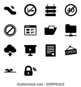 Solid vector icon set - escalator down vector, no smoking sign, post, end speed limit road, parking, website, folder, network, download cloud, presentation board, agreement, open, swimming