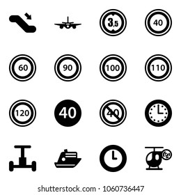 Solid vector icon set - escalator down vector, plane, limited height road sign, speed limit 40, 60, 90, 100, 110, 120, minimal, end, time, gyroscope, cruiser, clock, helicopter toy
