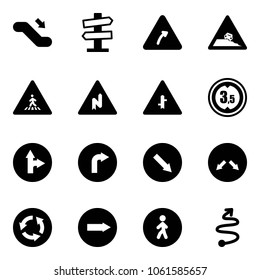 Solid vector icon set - escalator down vector, road signpost sign, turn right, steep roadside, pedestrian, abrupt, intersection, limited height, only forward, detour, circle, way, trip