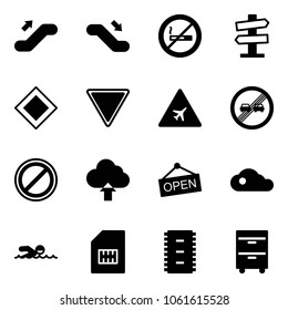 Solid vector icon set - escalator up vector, down, no smoking sign, road signpost, main, giving way, airport, end overtake limit, parking, upload cloud, open, swimming, sim, chip, tool cabinet