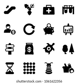 Solid vector icon set - escalator up vector, holly, doctor bag, vial, account, reload, piggy bank, presentation chart, signpost, money, sea turtle, forest, sand clock, circuit, pyramid toy