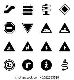 Solid vector icon set - escalator up vector, sign post, road signpost, main, no way, giving, climb, steep roadside, pedestrian, abrupt turn right, intersection, limited height, only, trip