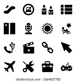 Solid vector icon set - escalator up vector, no computer sign, candle, menu, pause, microphone, sun, beach, phone, movie flap, link, cursor, plane, wrench screwdriver, tool box, gamepad