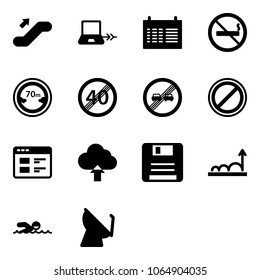 Solid vector icon set - escalator up vector, notebook connect, schedule, no smoking sign, limited distance road, end speed limit, overtake, parking, website, upload cloud, save, growth, swimming