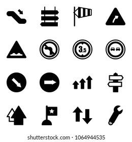 Solid vector icon set - escalator down vector, sign post, side wind, turn right road, rough, no left, limited height, overtake, detour, only, arrows up, signpost, arrow, flag, wrench