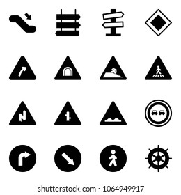 Solid vector icon set - escalator down vector, sign post, road signpost, main, turn right, tunnel, steep roadside, pedestrian, abrupt, intersection, rough, no overtake, only, detour, way, hand wheel
