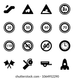 Solid vector icon set - escalator up vector, tractor way road sign, steep roadside, limited height, speed limit 20, 50, 60, 70, 110, end minimal, time, flags cross, Angular grinder, trailer, rocket