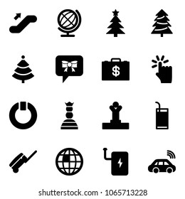 Solid vector icon set - escalator up vector, globe, christmas tree, bow message, money case, hand touch, standby, chess queen, winner, drink, suitcase, power bank, car wireless