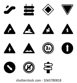 Solid vector icon set - escalator up vector, sign post, main road, giving way, turn right, steep roadside, abrupt, intersection, rough, limited height, only forward, detour, no parking even