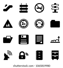 Solid vector icon set - escalator up vector, sign post, no smoking, road signpost, children, limited height, distance, folder, save, agreement, growth, satellite antenna, wireless lock, chip