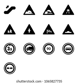 Solid vector icon set - escalator up vector, steep descent road sign, embankment, slippery, children, intersection, side wind, artificial unevenness, limited height, no truck, speed limit 90, bus