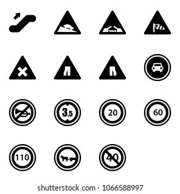 Solid vector icon set - escalator up vector, steep descent road sign, drawbridge, side wind, railway intersection, narrows, no car, horn, limited height, speed limit 20, 60, 110, cart horse