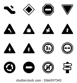 Solid vector icon set - escalator down vector, main road sign, no way, giving, turn left, tunnel, abrupt right, intersection, limited height, overtake, circle, only, parking even, signpost