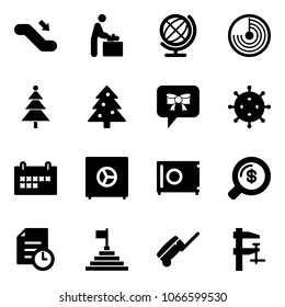 Solid vector icon set - escalator down vector, baby room, globe, radar, christmas tree, bow message, virus, schedule, safe, money search, history, pyramid flag, suitcase, clamp