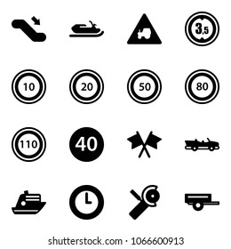 Solid vector icon set - escalator down vector, snowmobile, tractor way road sign, limited height, speed limit 10, 20, 50, 80, 110, minimal, flags cross, cabrio, cruiser, clock, Angular grinder