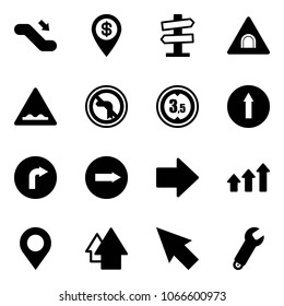 Solid vector icon set - escalator down vector, dollar pin, road signpost sign, tunnel, rough, no left turn, limited height, only forward, right, arrow, arrows up, map, cursor, wrench