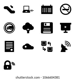 Solid vector icon set - escalator down vector, notebook connect, schedule, no smoking sign, truck road, upload cloud, save, presentation board, agreement, data exchange, satellite antenna