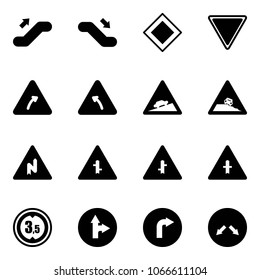 Solid vector icon set - escalator up vector, down, main road sign, giving way, turn right, left, climb, steep roadside, abrupt, intersection, limited height, only forward, detour
