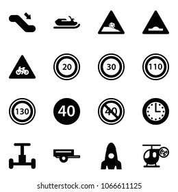Solid vector icon set - escalator down vector, snowmobile, steep roadside road sign, artificial unevenness, for moto, speed limit 20, 30, 110, 130, minimal, end, time, gyroscope, trailer, rocket