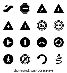 Solid vector icon set - escalator up vector, no way road sign, turn right, intersection, limited height, overtake, only forward, detour, circle, pedestrian, parking even, undo, trip