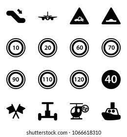 Solid vector icon set - escalator down vector, plane, car crash road sign, artificial unevenness, speed limit 10, 20, 60, 70, 90, 110, 120, minimal, flags cross, gyroscope, helicopter toy, boat